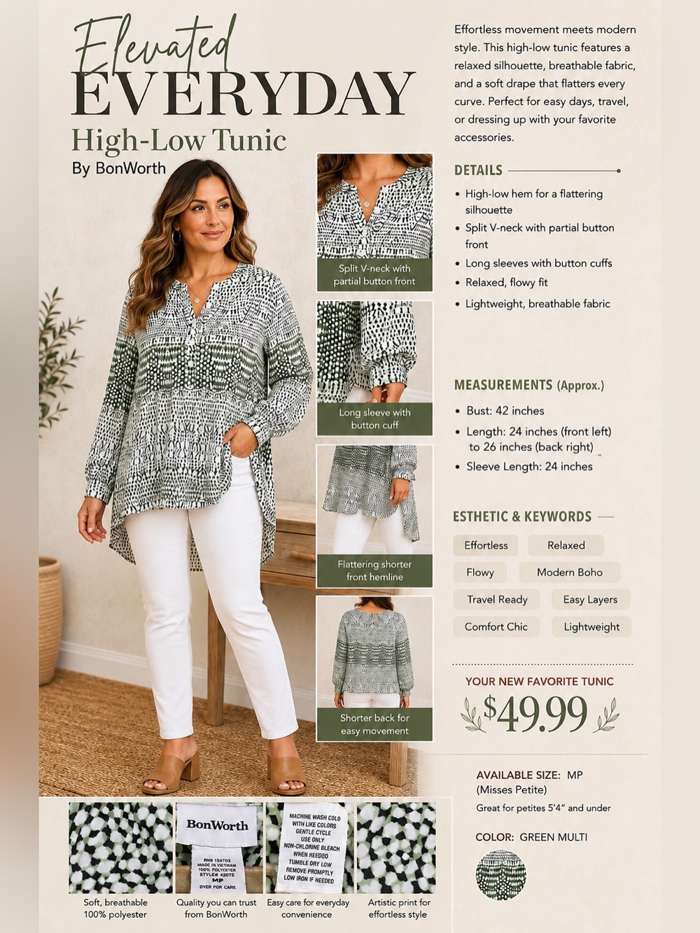 BonWorth Green & White Printed Split-Neck Tunic